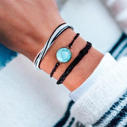 New Charms Rope Bracelet sets Simple Blue Turquoises Pendant Bracelet Woven Boho Handmade Bracelets Jewelry for Women