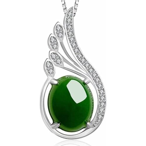 Silver Plated Angel Wing Oval Shape Green Agates Pendant Link Chain Necklace with Rhinestone Jewelry