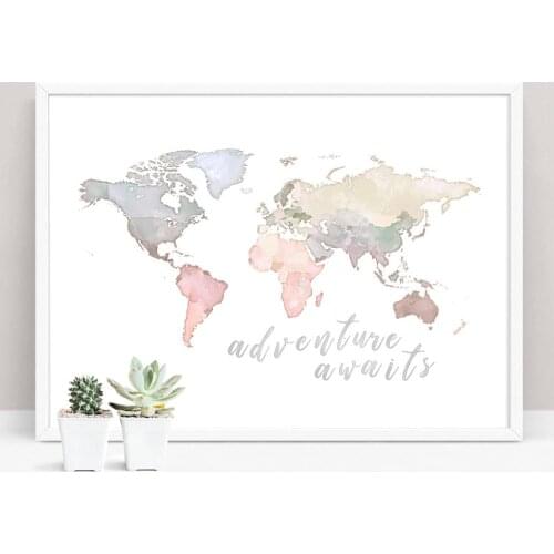 Childrens Room Poster Family Wall Decoration Frameless Painting World Map Print Adventure Pink Art Canvas Painting