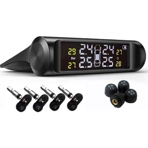 Solar Power USB TPMS Car Tire Pressure Monitoring System LCD 4 External / Internal Sensors for SUV Sedan Temperature Warning