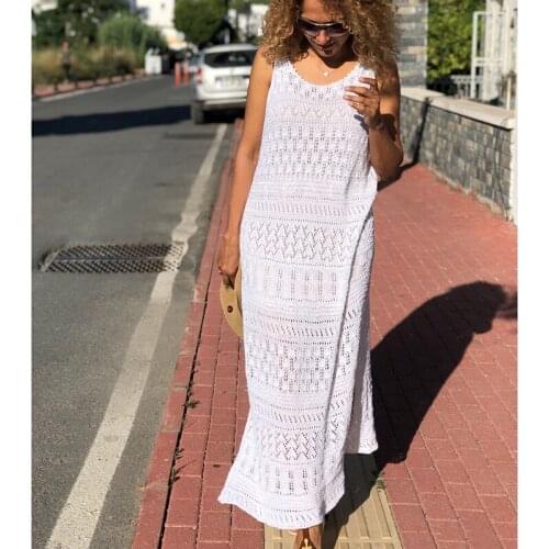 Knitted Maxi Beach Dress 2021 Beach Cover up Autumn Bohemian Dress Tunic for Beach Swimsuit Cover up Beachwear Crochet Dress
