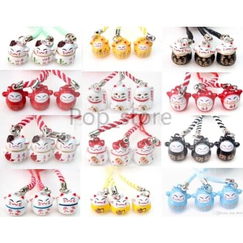 Factory direct selling 100 pcs Various Color Cute Maneki Neko Lucky Cat Bell Mobile Cell Phone Charm