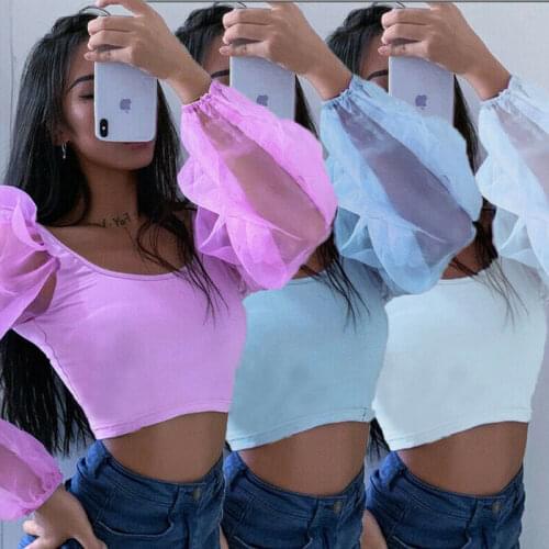 Woman 2021Ladies Puff Sleeve Crew Neck Mesh Spliced Shirt Women Cropped Tube Tops Loose Baggy Casual Blouse Shirts Fashion Top
