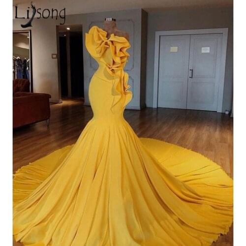 2018 Saudi Arabic Yellow Mermaid Prom Dresses Special Designed Ruffles Long Prom Gowns Vestidos de gala Elegant Evening Dress