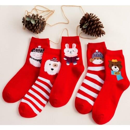 Winter Long Socks Red Cotton Socks Warm Christmas Animals Cartoon New Year Thickened Medium Tube Socks Womens Happy Socks 2021