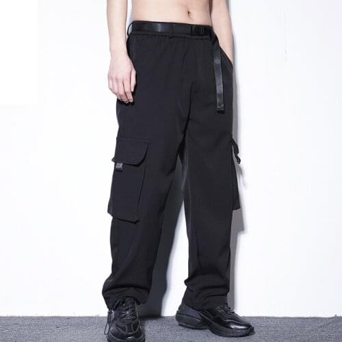 Winter loose straight-leg retractable knickerbockers mens hip-hop fan-powered trousers large pockets wide-legged trousers mens