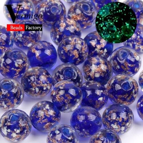 10mm Round Beads 10pcs Blue Luminous Lampwork Glass Spacer Beads for Jewelry Making DIY Bracelets Necklace Crafts Findings