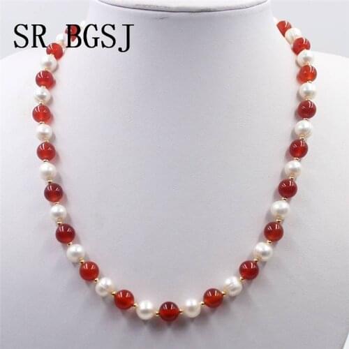 Free Shipping 7-8 mm Natural Freshwater Round White Pearl Red Agat Onyx Bead Ball Clasp Necklace 18inch