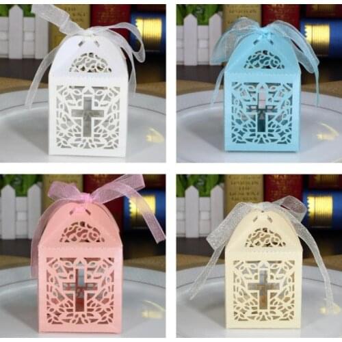 Free DHL shipping 2000Pcs Ribbon Paper Laser Cut Out Cross Gift Candy Box Wedding Party Favor Boxes Wedding reply candy box SN