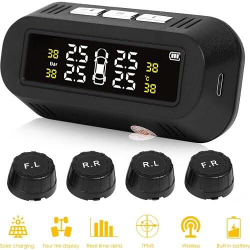C68 USB+Solar Car TPMS Tire Pressure Monitor System Auto Security Alarm Systems Tyre Pressure Warning with 4 External Sensors