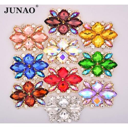 JUNAO 50*67mm Colorful Large Glass Rhinestones Brooch Gold Base Flower Corsage Sew on Crystal Applique for Dress Decoration