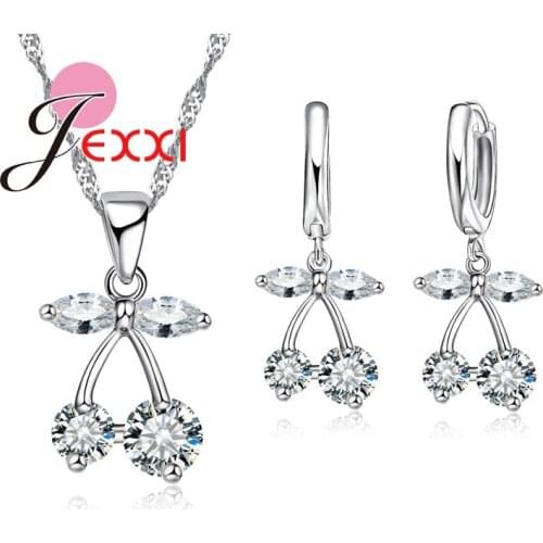 Girls Favorite Sweet Fruit Cherry Shape Crystal Pendant Fashion Woman Jewelry Set Top Quality 925 Sterling Silver