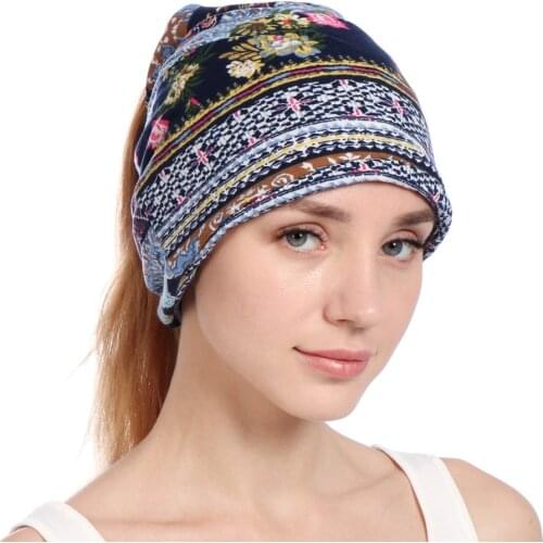 Elegant Soft Breathable Summer Floral Print Chemo Cancer Beanie Nightcap Muslim Islamic Hat Sleeping Cap Wholesale Bonnets