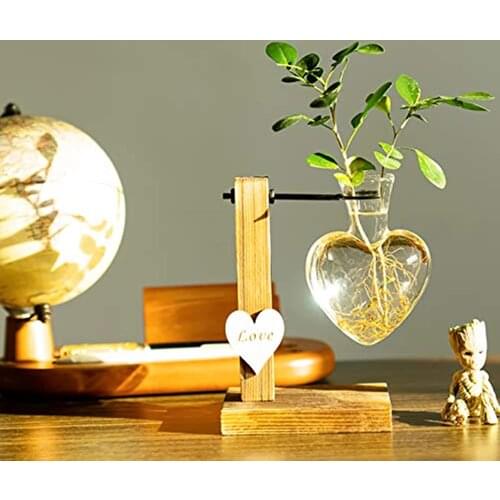 Hydroponic Glass Vase, Love Shape Plant Glass Container With Vintage Wooden Stand, Suitable For Home And Office