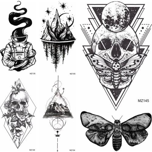 Geometric Death Skull Temporary Tattoos Sticker Waterproof Black Mountain Planets Tatoos For Women Men Fake Body Art Arm Tattoos