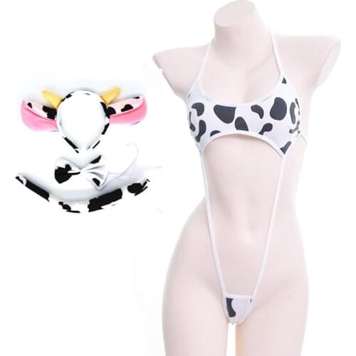 Anime Milk Cow Cosplay Halloween Costume Lolita Girl Cute Bikini Suit Underwear Sexy Bra and Panty Lingerie Set