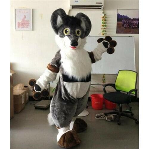 Halloween Long Fur Fox Wolf Fursuit Mascot Costume Suits Gray Husky Adults Outfits Halloween Performance Party Game Fancy Dress