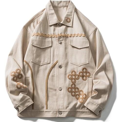 LACIBLE Streetwear Men Hip Hop Denim Jacket Graphic Harajuku Cotton Denim Jacket Autumn Vintage Cargo Jacket Coat Multi Pockets