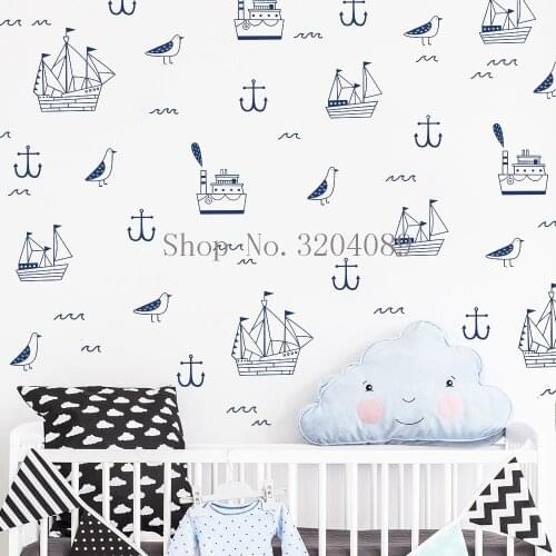 Nautical Kid Wall Stickers Ship Vinyl Decals Cute Anchor Decor Wall Decal Nursery Kids Room DIY Removable Art Wallpaper JW346