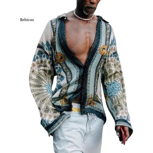 Mens Shirts Europe America Loose Casual Trend Printing Long Sleeve Shirt Cardigan Shirts Ethnic Style Men Summer New