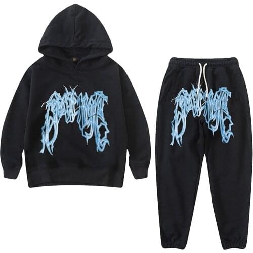 2021 Autumn Boys' Suits Blue Lightning Print Childrens Long-sleeve Hooded Sweatershirt + Trousers Kids Tracksuit Outwear Set