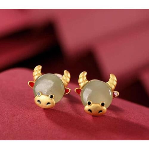 Pure S925 Silver Earrings Natural White Jadeite OX Stud Earrings Good Gift For Women