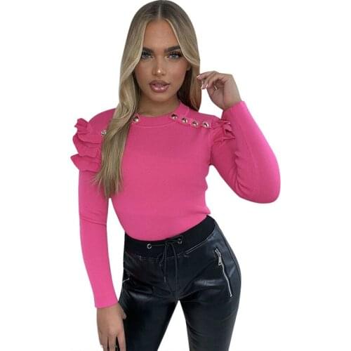 Long Sleeve Tops Slim Button Ruffles Decor Solid Color Patchwork Women Tshirt 2021 Spring New Arrival Europe Hot Sale