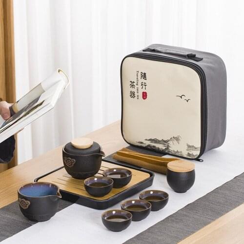 Black Pottery Convenient Tea Cup Set One Pot Four Cups Travel Kung Fu Tea Set Set Teapot Convenient Storage Bag Outdoor