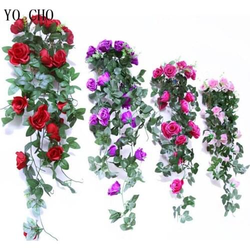 YO CHO Silk Roses Artificial Flower Vines Wedding Wall Center Hanging Basket Flower Fake White Flowers Home Garden Outdoor Decor