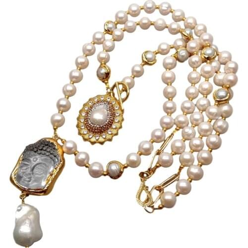 YYGEM White Round Freshwater Pearl Nucleated Flameball Baroque Pearl white Quartz Buddha Pendant Necklace 20