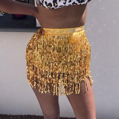 Women Tassel Fringe Sequin Skirts Summer Beach Short Sequin Belly Dancer Costume Taed Skirts Sexy High Waist Mini Skirts