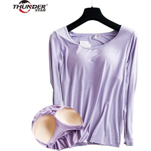 Bra Padded Basic T-shirt Women Modal Long Sleeve O Neck Solid Tee Shirt Built In Bra Casual Soft Breathable Tee Tops Hi-Q