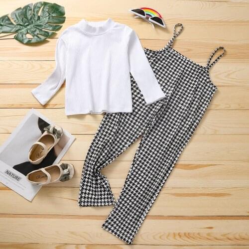 1-6 Years Clothing Set Solid Girls Clothes Set, Solid Color Long Sleeve O-neck Ribbed Tops+plaid Print Suspender Trousers
