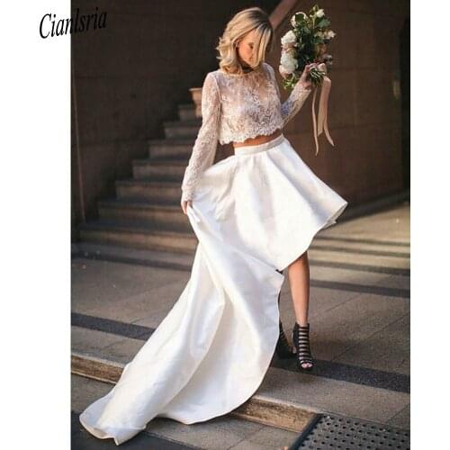 Romantic Two Pieces High/Low Wedding Dress Long Sleeve Lace Top Satin Skirt Short Bridal Gown Vestido De Novia
