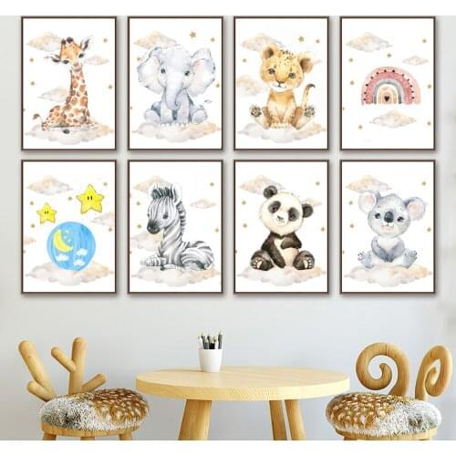 Cartoon Animals Zebra Elephant Giraffe Deer Lion Poster Clouds Rainbow Canvas Painting Wall Art Nursery Pictures Kids Room Decor