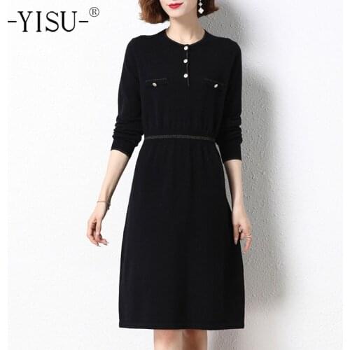 YISU Winter Women Dresses O-Neck Slim Fashion Knitted pullover Dress Long sleeve Warm Loose Casual Female Thick Jumper Dresses