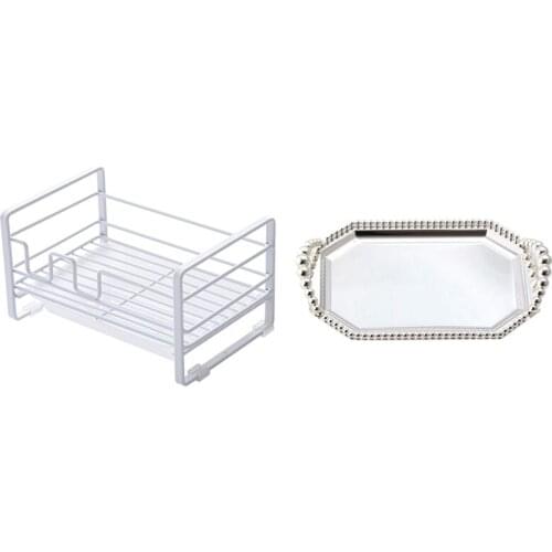 1 Pcs Drainer Rack Stainless Iron Kitchen Draining Organizer & 1 Pcs Metal Silver Plated Tray
