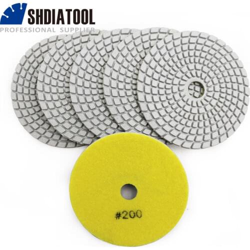 DIATOOL 6pcs 4" #200 Diamond Flexible Wet Polishing Pads For Stone Ceramic Tile White Bond Stone Sanding Discs Diameter 100mm