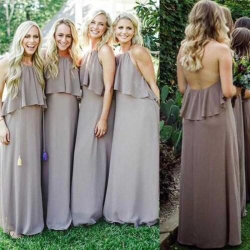 Elegant Simple Cheap Summer Halter Backless Ruffles Grey Women Wedding Guest Dresses Bridesmaid Dress