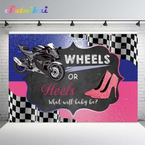 Gender Reveal Party Backdrop Wheels or Heels What Will Baby Be Newborn Birthday Blue or Pink Boy or Girls Baby Shower Background