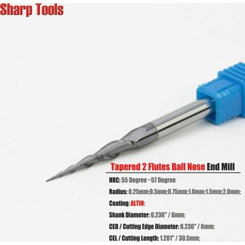 6*30.5*75mm 2 Flute Taper Ball Nose End Mill 3D Carve CNC Engraving Router Bit Tungsten Carbide Milling Cutter Woodworking Tools