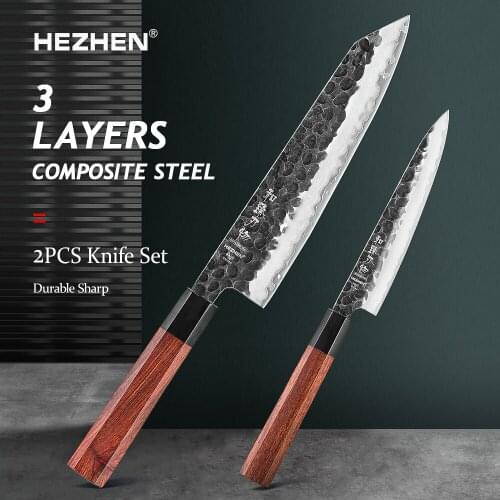 HEZHEN 2PC Kitchen Knife Set 3 Layers Composite Steel Beautiful Gift Box Chef Utility Retro Series Stainless Steel
