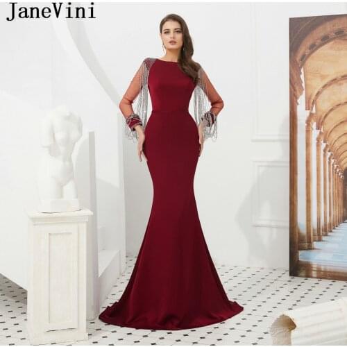 JaneVini Dubai Elegant Burgundy Prom Dresses 2019 Long Sleeve Crystal Beaded Satin Dress Mermaid Evening Party Gowns Ballkleider