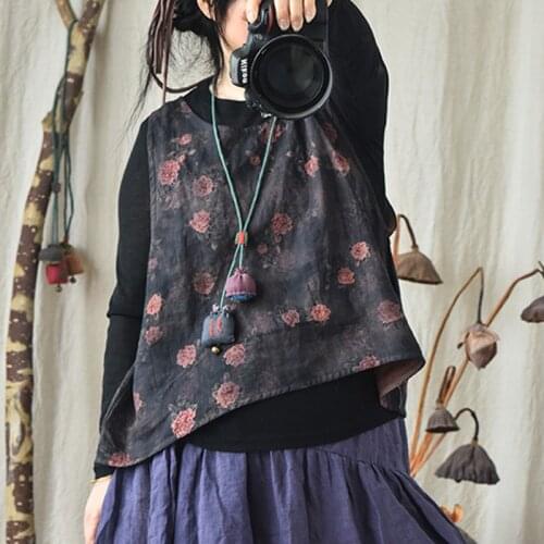 Johnature Women High Quality Linen Print Floral Tank 2021 Summer New O-Neck Sleeveless Original Women Clothes Vintage Tops