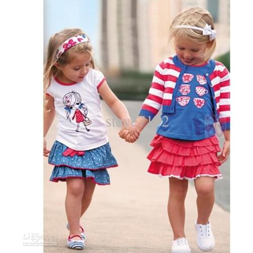 2017 Girls Clothes Set Layer Skirts Red White Stripe Coat + T-Shirt + Skirt 3-Pieces Suit Cotton Kid Sets Children Cardigan