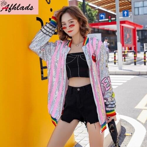 2021New Female Spring And Autumn Sequined Cartoon Print Korean Loose Fashion Outerwear Coats Long Sleeved Hip Hop Jackets