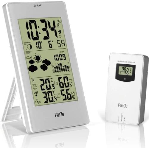 FanJu FJ3352 Weather Station With Barometer Forecast Temperature Humidity Wireless Outdoor Sensor Alarm and Snooze Digital Clock