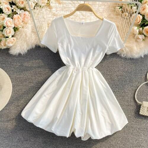 French sweet temperament high waist thin fluffy short skirt 2021 summer new white small square collar dress