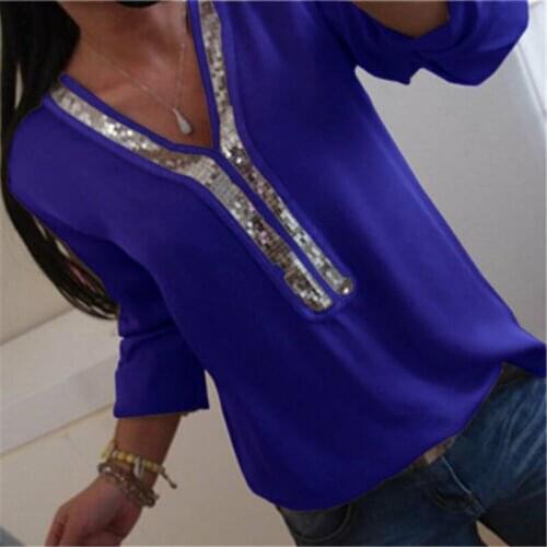 Fashion Womens Sequins Stitching Large Size Long-Sleeved Shirt Loose Casual Office V-Neck Shirt Sizes L-5XL