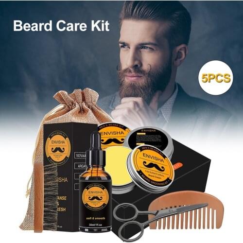New 5pcs/set Men Beard Kit Grooming Beard Set Barba Beard Oil Moisturizing Wax Blam Comb Essence Styling Hair Men Beard Kit Set